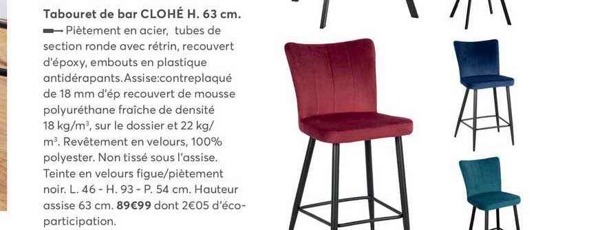 tabouret de bar clohé h. 63 cm