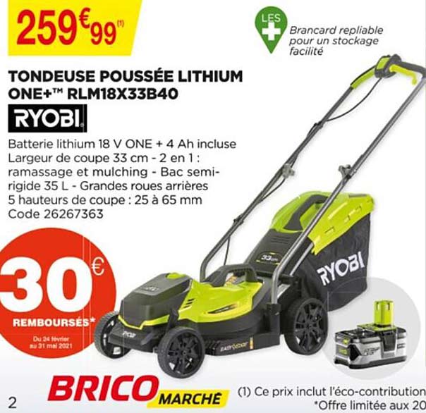 tondeuse poussée lithium one+ rlm18x33b40 ryobi