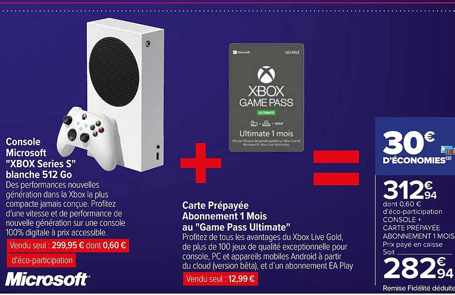 console microsoft "xbox series s" blanche 512 go + carte prépayée abonnement 1 mois au "game pass ultmate"