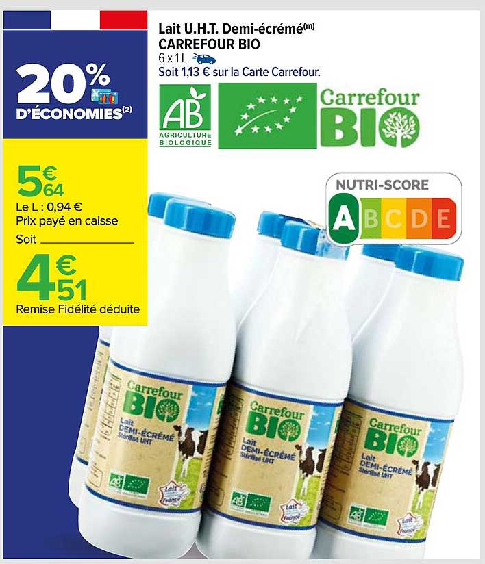 lait u.h.t. demi-écrémé carrefour bio