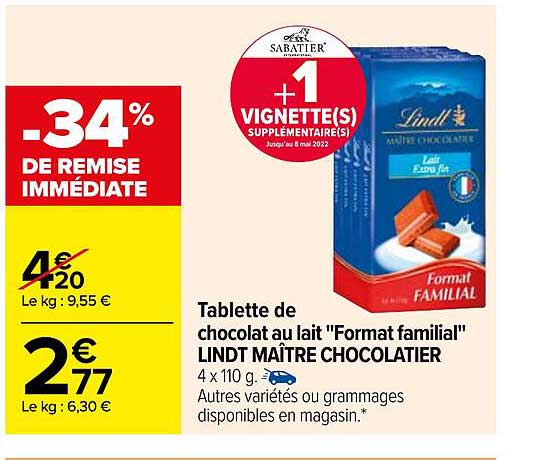 tablette de chocolat au lait "format familial" lindt maître chocolatier