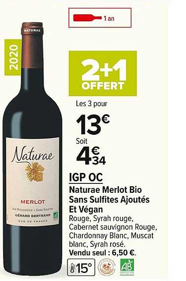 igp oc naturae merlot bio sans sulfites ajoutés et végan