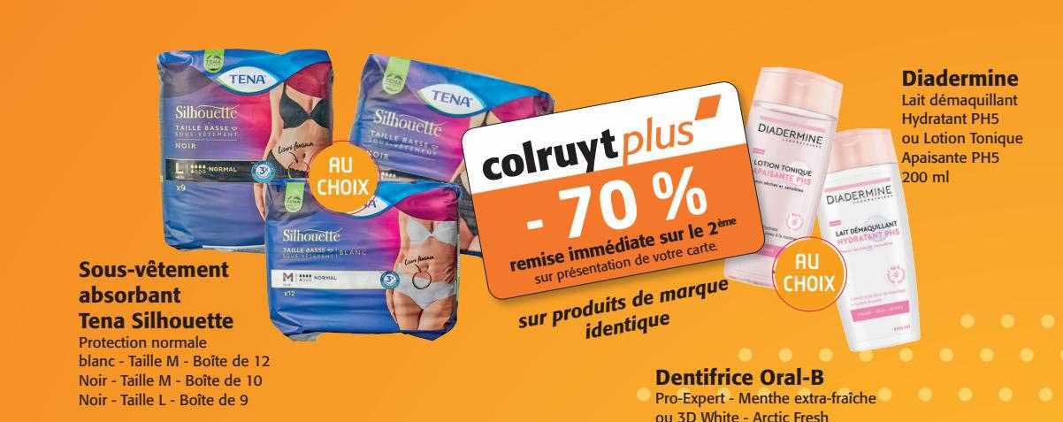 sous-vêtement absorbant tena silhouette, dentifrice oral-b, diadermine
