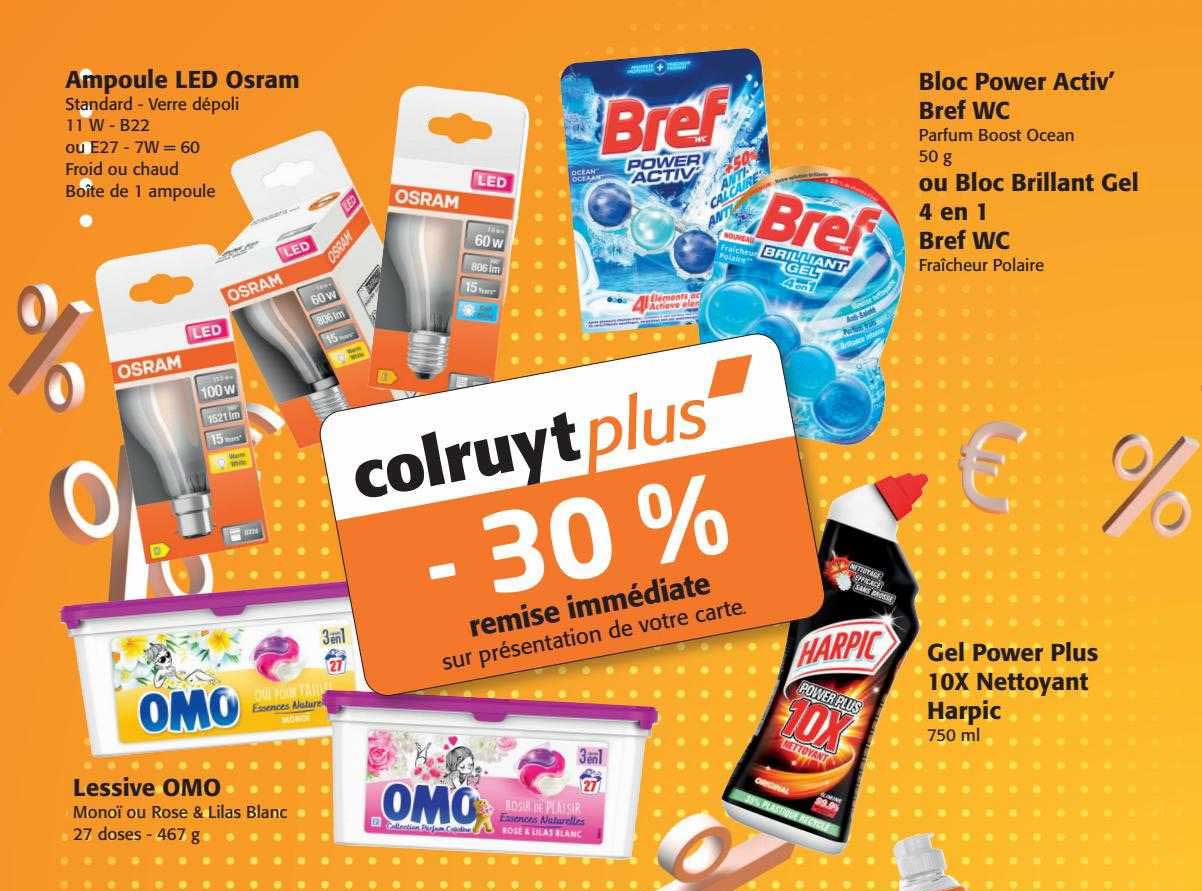 ampoule led osram, lessive omo, bloc power activ' bref wc ou bloc brillant gel 4 en 1 bref wc, gel power plus 10x nettoyant harpic