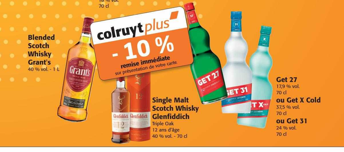 blended scotch whisky grant's, single malt scotch whisky glenfiddich, get 27 ou get x cold ou get 31