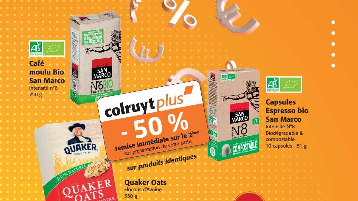 café moulu bio san marco, quaker oats, capsules espresso bio san marco