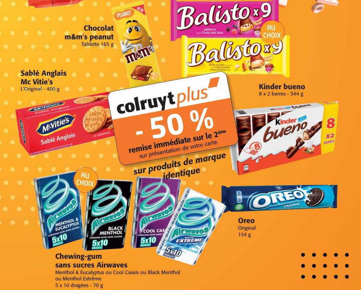 chocolat m&m's peanut, sablé anglais mc vitie's, chewing-gum sans sucres airwaves, oreo, kinder bueno