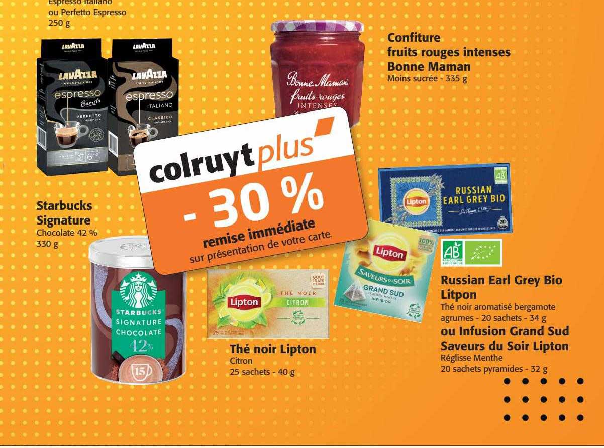confiture fruits rouges intenses bonne maman, russian earl grey bio lipton ou infusion grand sud saveurs du soir lipton, thé noir lipton, starbucks signature
