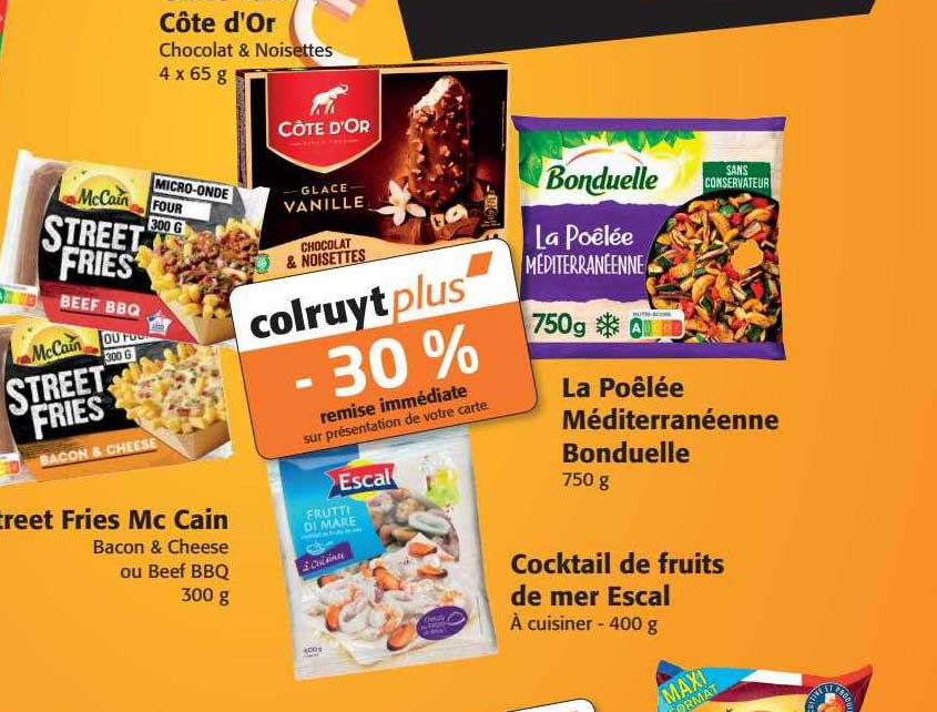 côte d'or, street fries mc cain, la poêlée méditerranéenne bonduelle, cocktail de fruits de mer escal