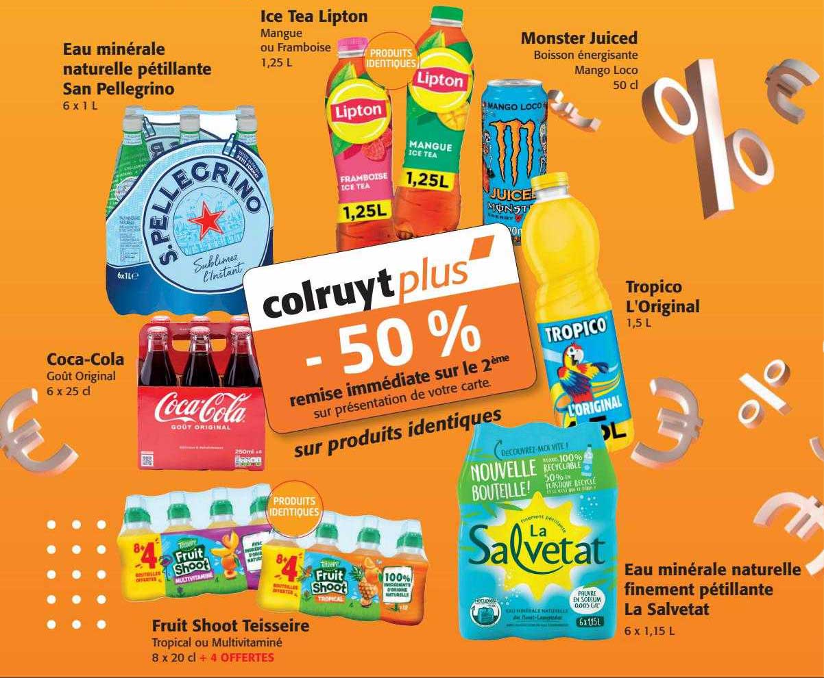 eau minérale naturelle pétillante san pellegrino, coca-cola, ice tea lipton, monster juiced, tropico l'original, eau minérale naturelle finement pétillante la salvetat, fruit shoot teisseire