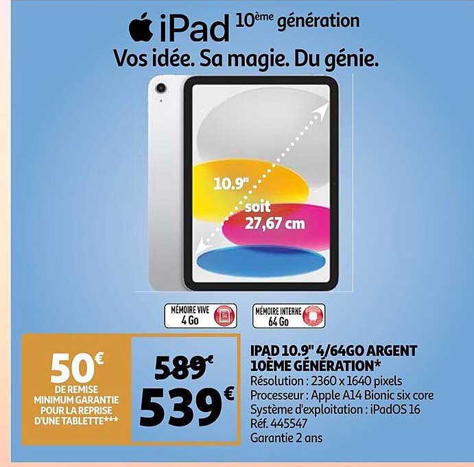 ipad 10.9" 4-64go argent 10ème génération