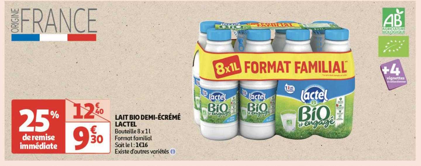 lait bio demi-écrémé lactel