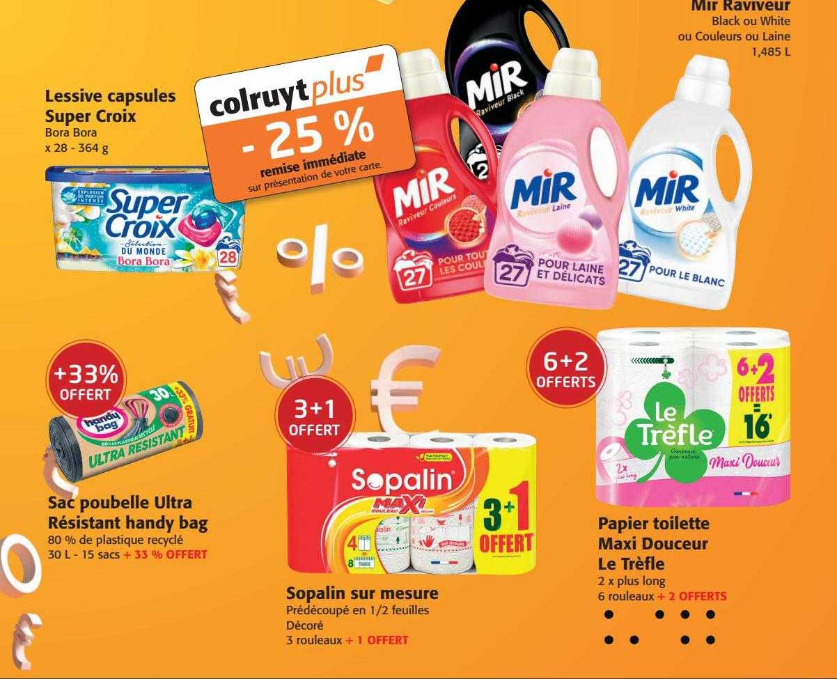 lessive capsules super croix, sac poubelle ultra résistant handy bag, sopalin sur mesure, papier toilette maxi douceur le trèfle, mr raviveur