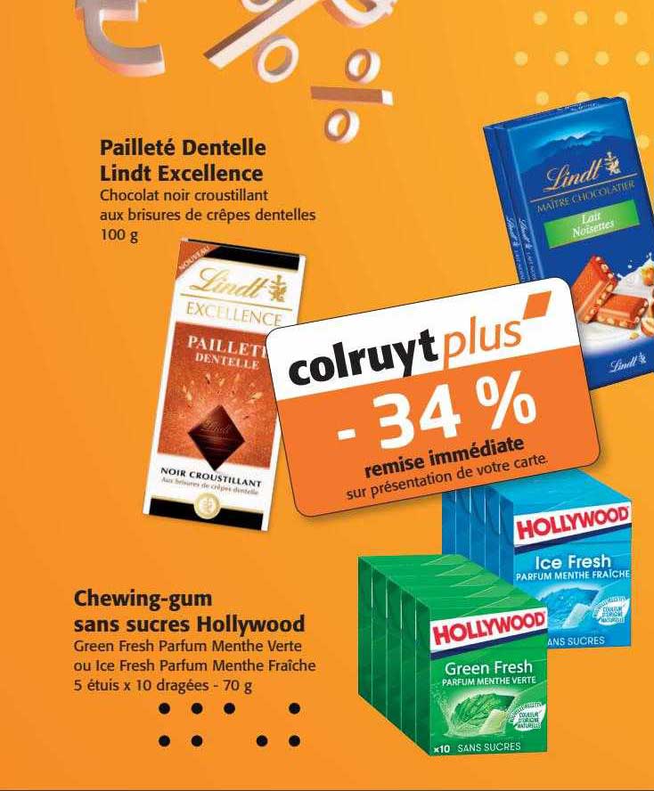 pailleté dentelle lindt excellence, chewing-gum sans sucres hollywood