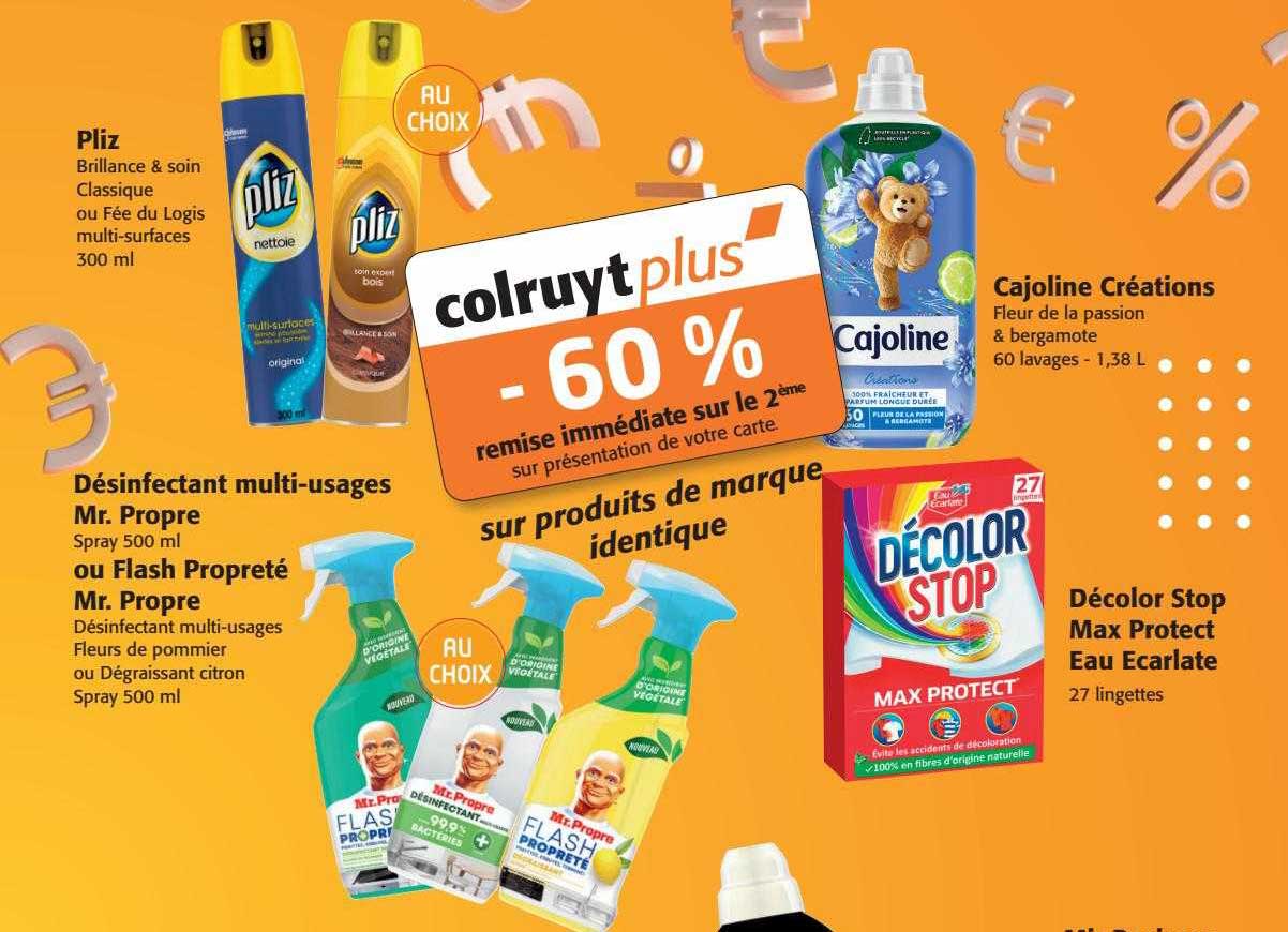 pliz, désinfectant multi-usages mr propre ou flash propreté mr propre, cajoline créations, décolor stop max protect eau écarlate