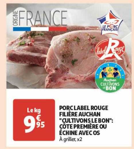 porc label rouge filière auchan "cultivons le bon" : côte primière ou échine avec os