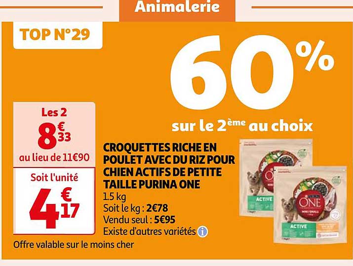 croquettes riche en poulet avec du riz pour chien actifs de petite taille purina one