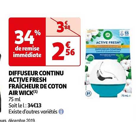 diffuseur continu active fresh fraîcheur de coton air wick