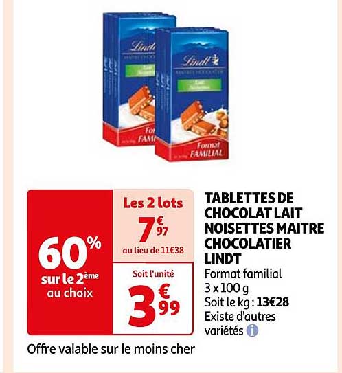 tablettes de chocolat lait noisettes maître chocolatier lindt
