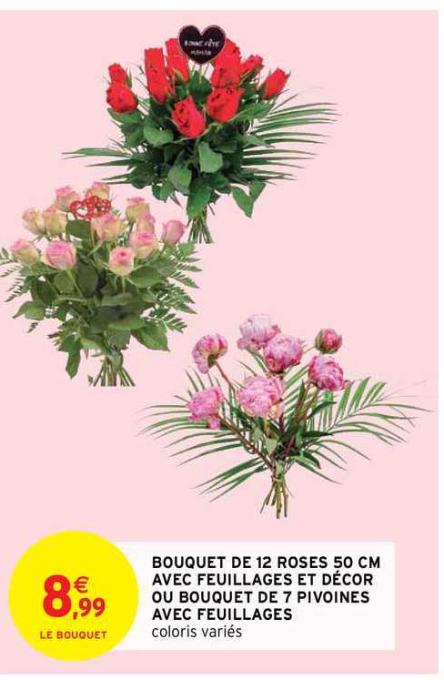 bouquet de 12 roses 50 cm avec feuillages et décor ou bouquet de 7 pivoines avec feuillages