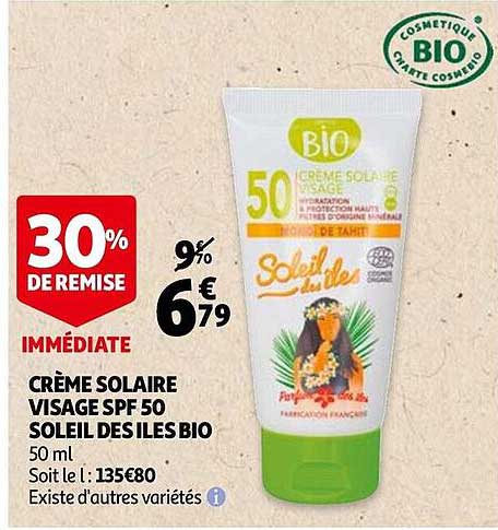 crème solaire visage spf 50 soleil des îles bio