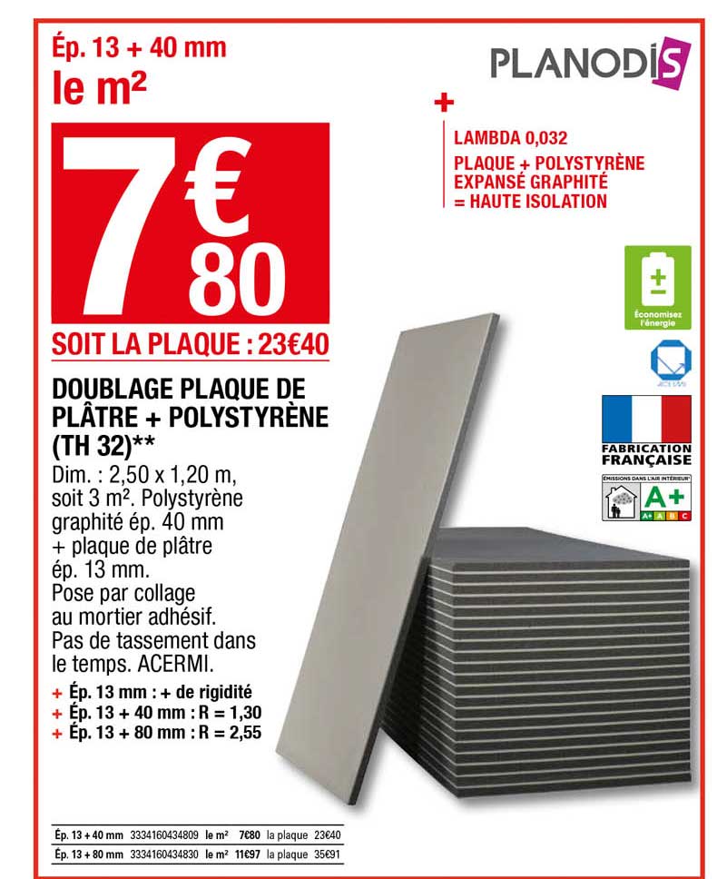 doublage plaque de plâtre + polystyrène (th 32) planodis