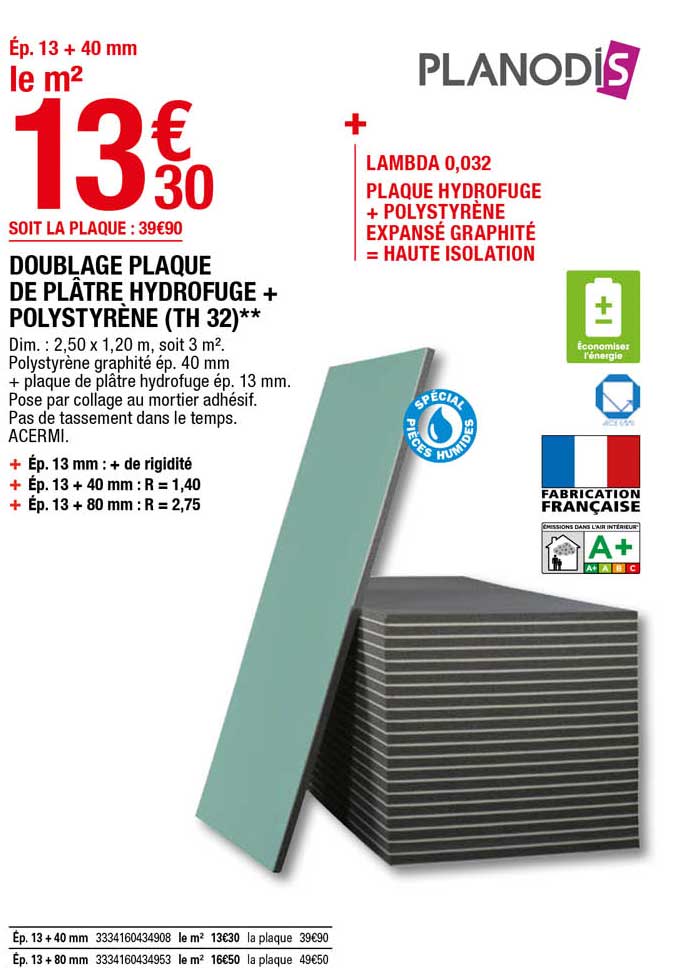 doublage plaque de plâtre hydrofuge + polystyrène (th 32) planodis