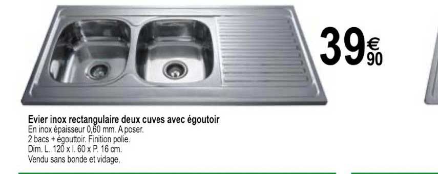 évier inox rectangulaire deux cuves avec égoutoir