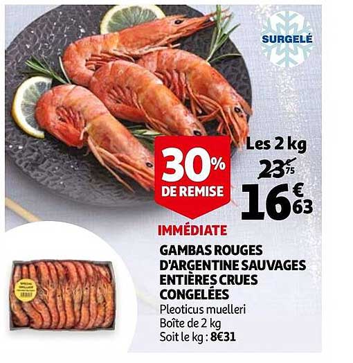 gambas rouges d'argentine sauvages entières crues congelées