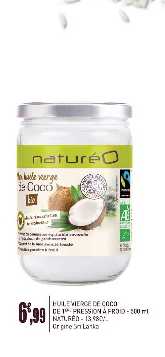 huile vierge de coco de 1ère pression à froid - 500 ml