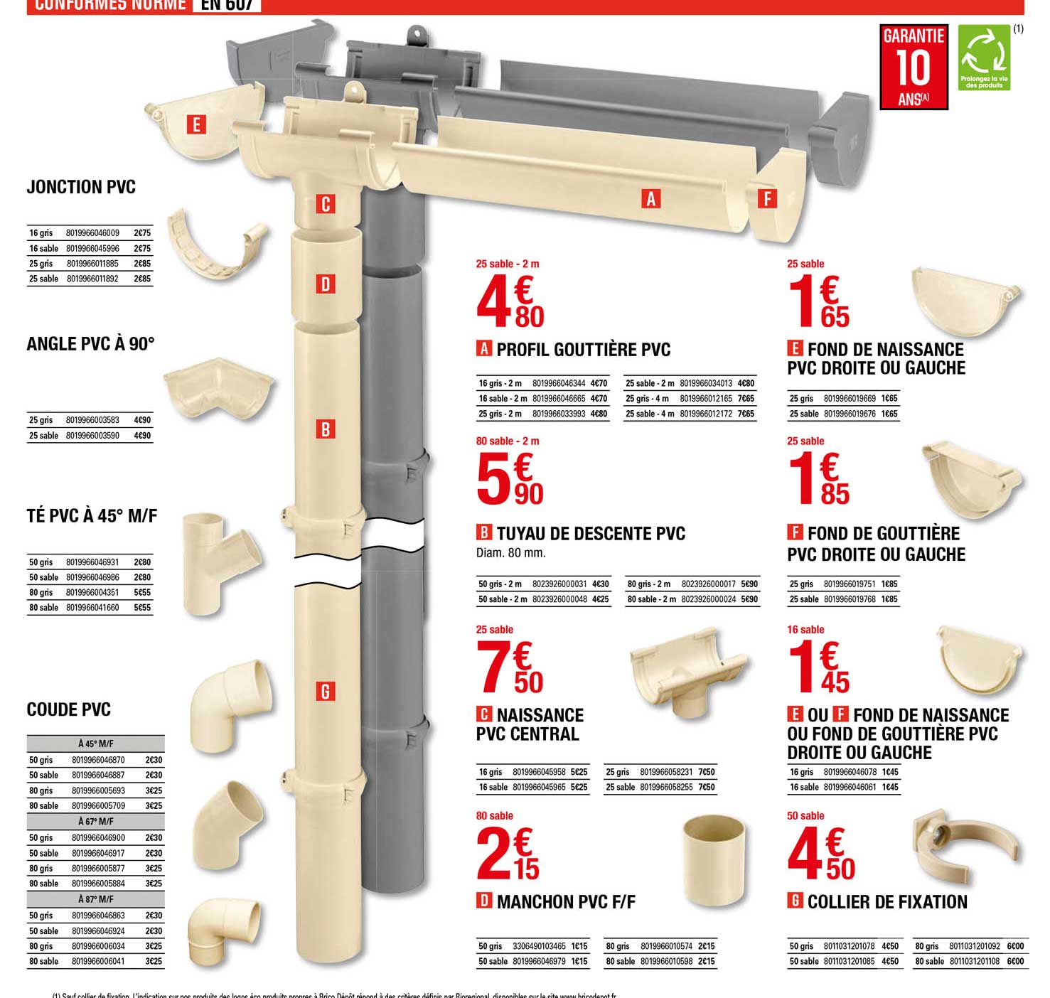jonction pvc, angle pvc à 90°, té pvc à 45° m-f, coude pvc, profil gouttière pvc, tuyau de descente pvc, naissance pvc central, manchon pvc f-f, fond de naissance pvc, fond de gouttière pvc