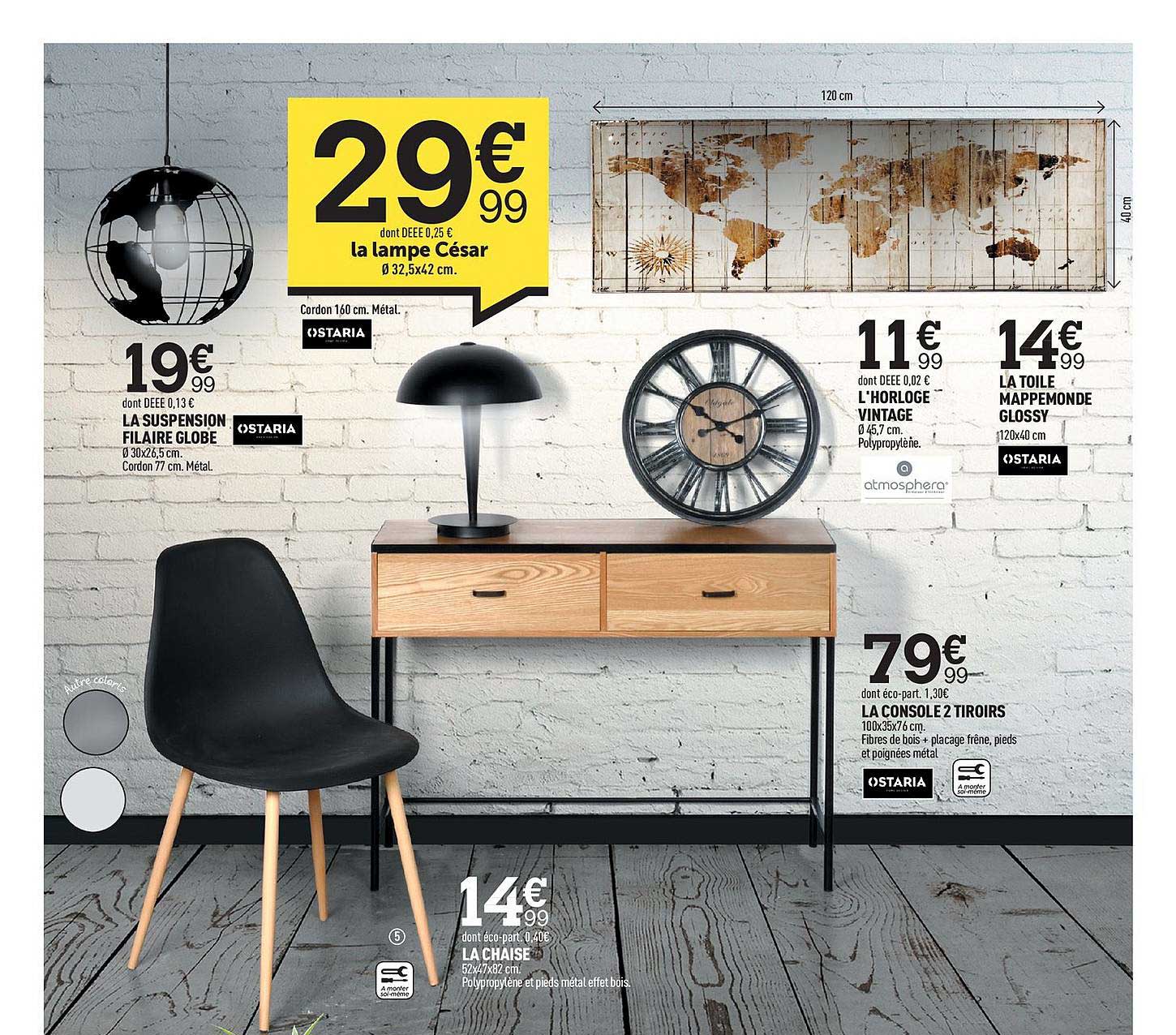 la lampe césar ostaria, la suspension ostaria, l'horloge vintage, la toile nappemonde glossy ostaria, la console 2 tiroirs ostaria, la chaise