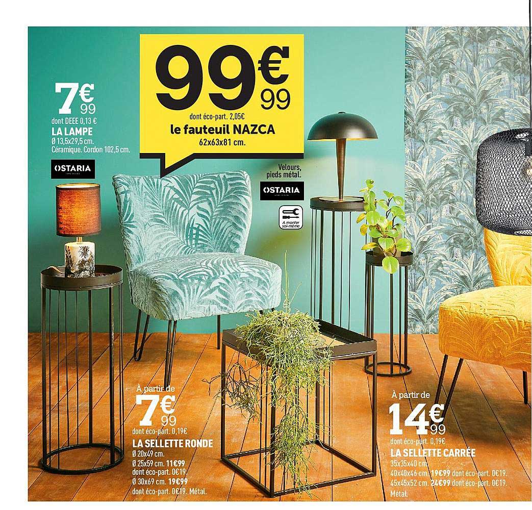 la lampe ostaria, le fauteuil nazca, la sellette ronde, la sellette carrée