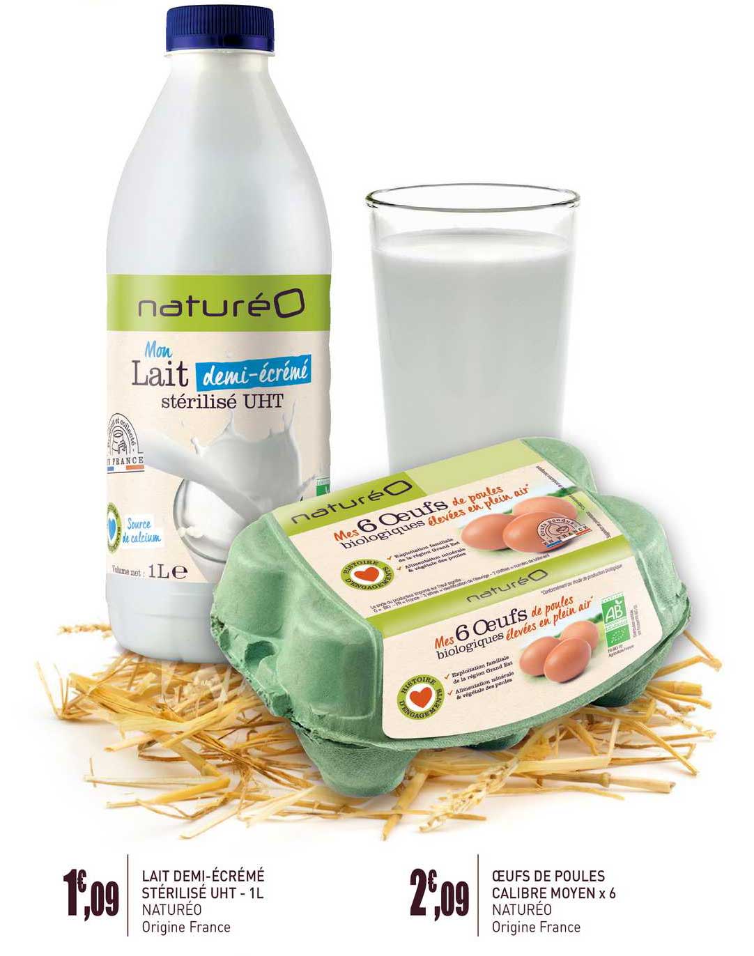 Lait Demi-écrémé Stérilisé Uht Naturéo, Oeufs De Poules Calibre Moyen Naturéo X6