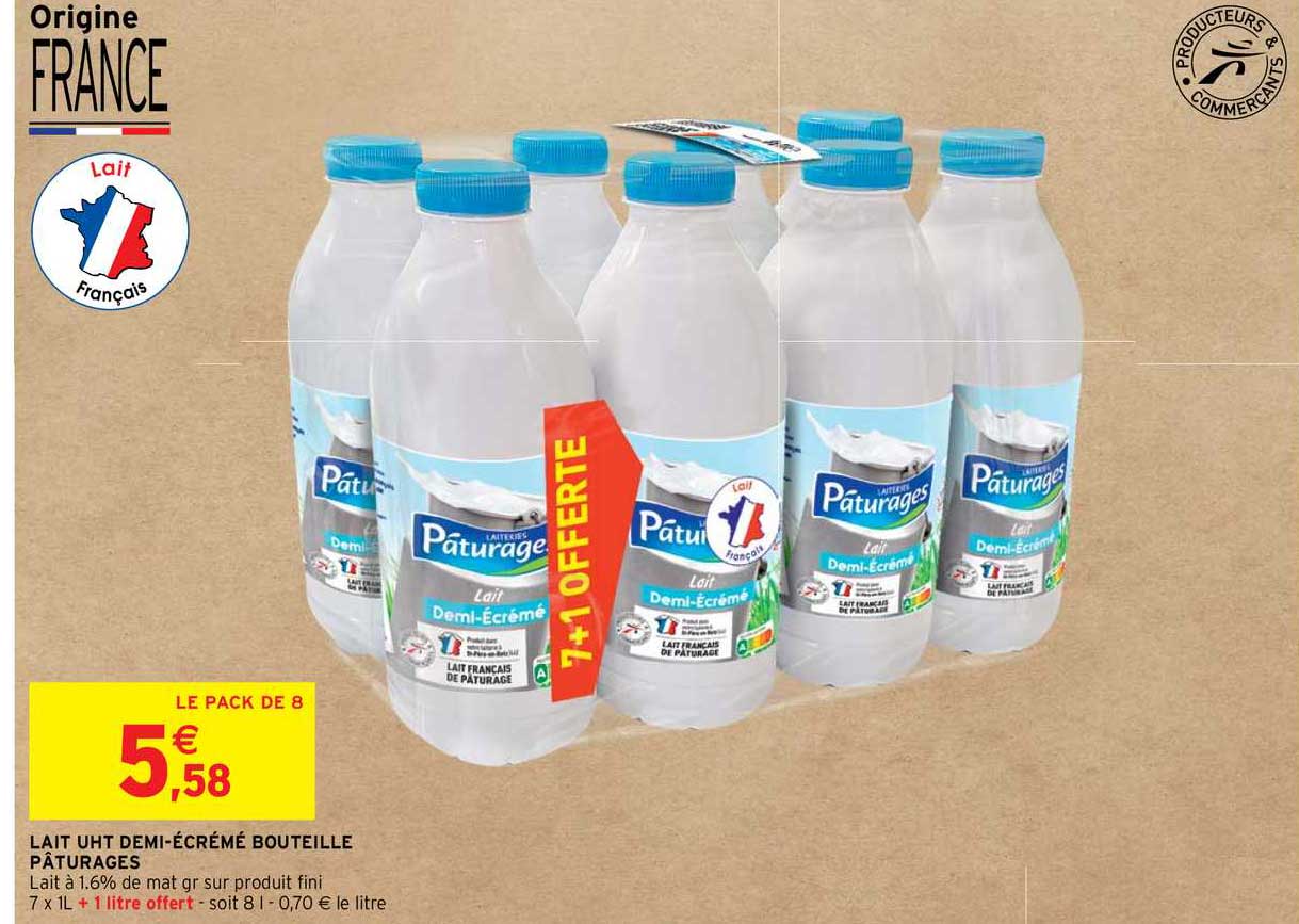 lait uht demi-écrémé bouteille pâturages