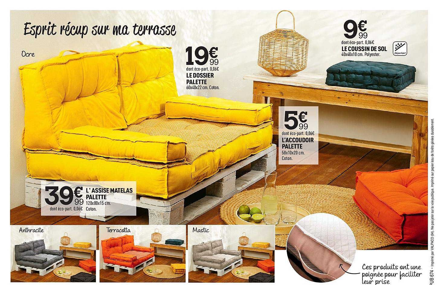 le dossier palette, le coussin de sol, l'accoudoir palette, l'assise matelas palette
