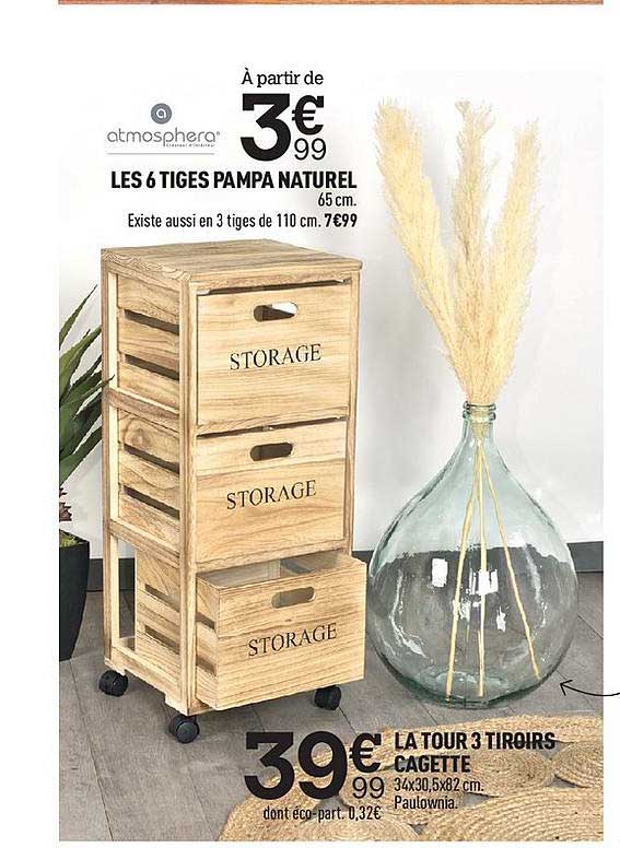 les 6 tiges pampa naturel, la tour 3 tiroirs cagette