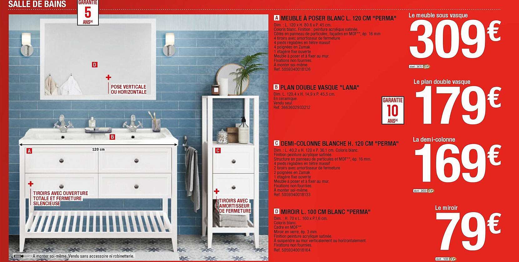 meuble à poser blanc l. 120 cm "perma", plan double vasque "lana", demi-colonne blanche h. 120 cm "perma", miroir l. 100 cm blanc "perma"
