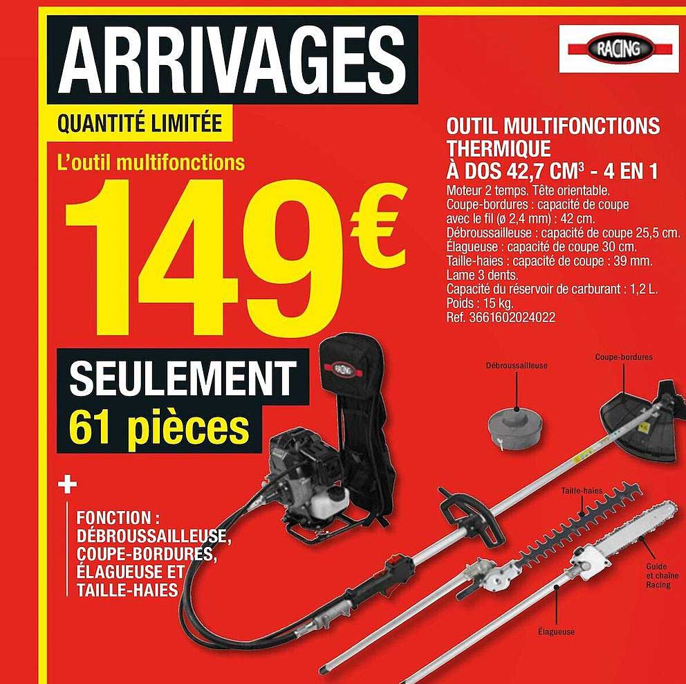 outil multifonctions thermique à dos 42,7 cm3 - 4 en 1