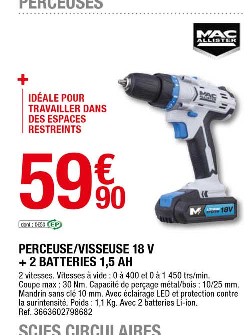 perceuse - visseuse 18 v + 2 batteries 1,5 ah mac allister