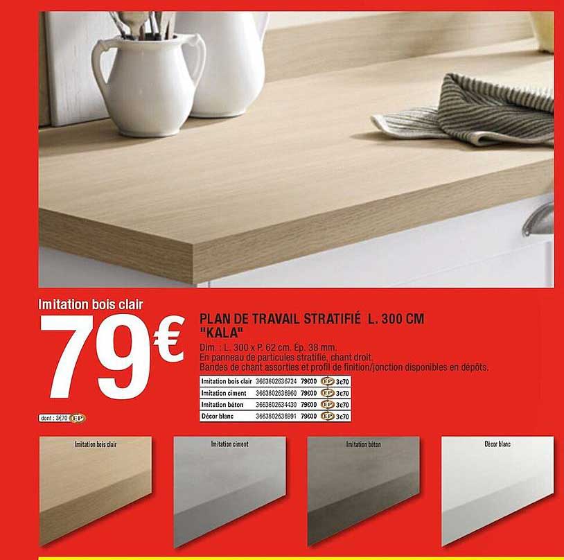 plan de travail stratifié l. 300 cm "kala"