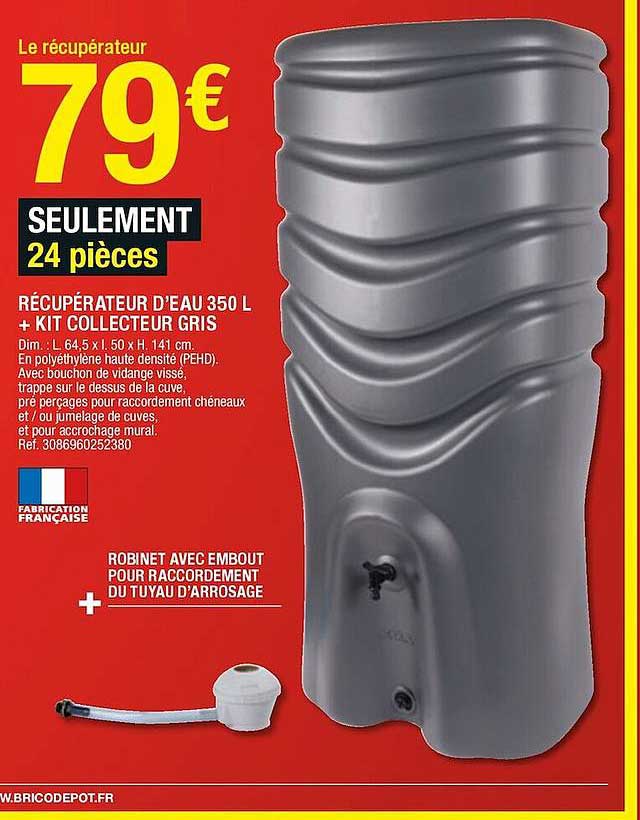 Récupérateur D'eau 350 L + Kit Collecteur Gris