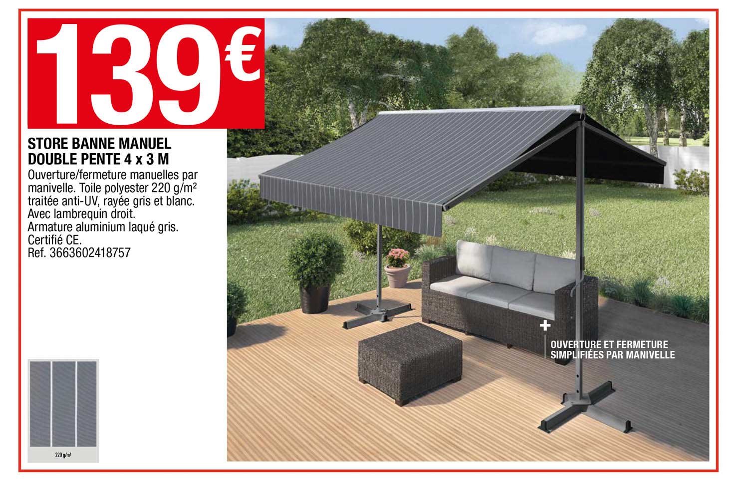 store banne manuel double pente 4 x 3 m