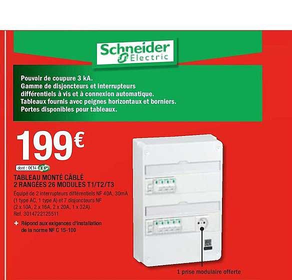 tableau monte cable 2 rangées 28 modules t1-t2-t3 schneider