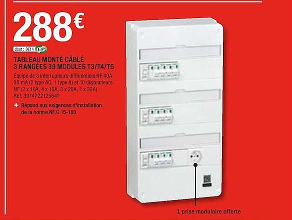 tableau monte cable 3 rangées 39 modules t3-t4-t5