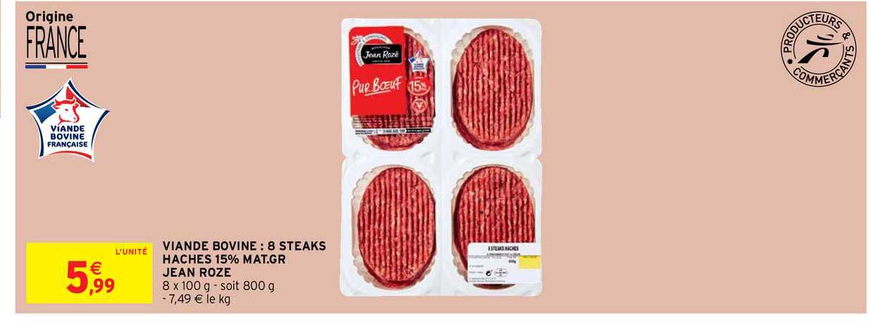 viande bovine : 8 steaks hachés 15% mat. gr. jean rozé