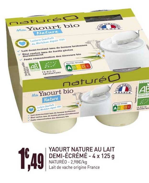 yaourt nature au lait demi-écrémé - 4 x 125 g