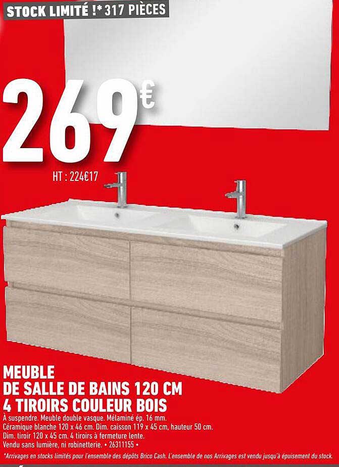 meuble de salle de bains 120cm 4 tiroirs couleur bois