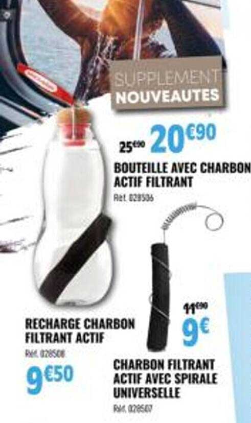 bouteille avec charbon actif filtrant, recharge charbon filtrant actif, charbon filtrant actif avec spirale universelle