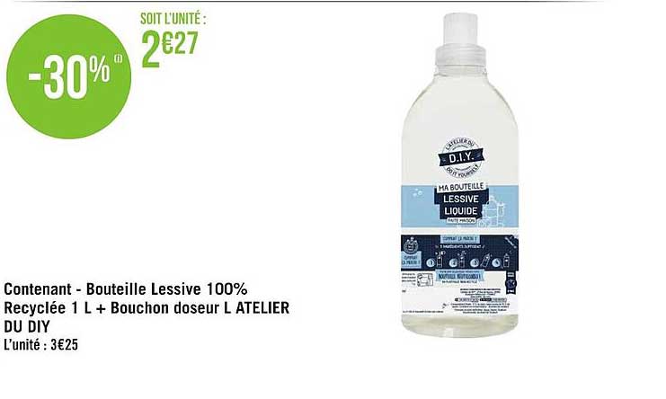 contenant - bouteille lessive 100% recyclée 1 l + bouchon doseur l'atelier du diy